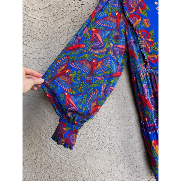 FARM RIO Blue & Red Tropical Floral Macaw Flight Ruffle Long Sleeve Shirtdress L - Picture 8 of 13